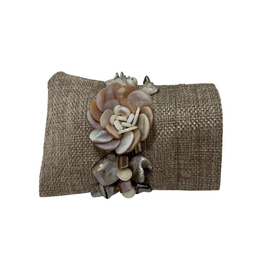 Mother of Pearl Shell Flower Stretch Bracelet Neutral Brown Boho Statement
